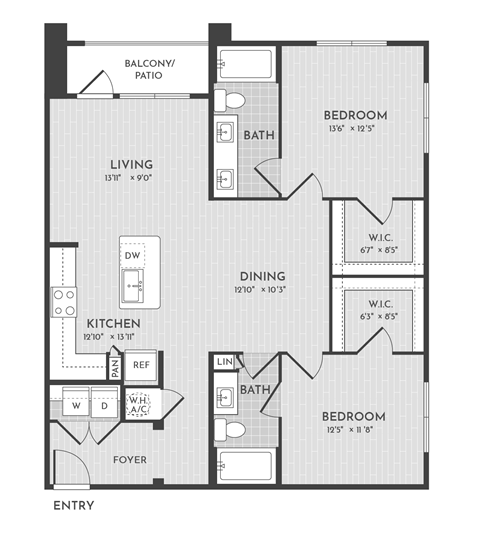 Floor plan for 2 beds, 2 baths, 1176 sqft